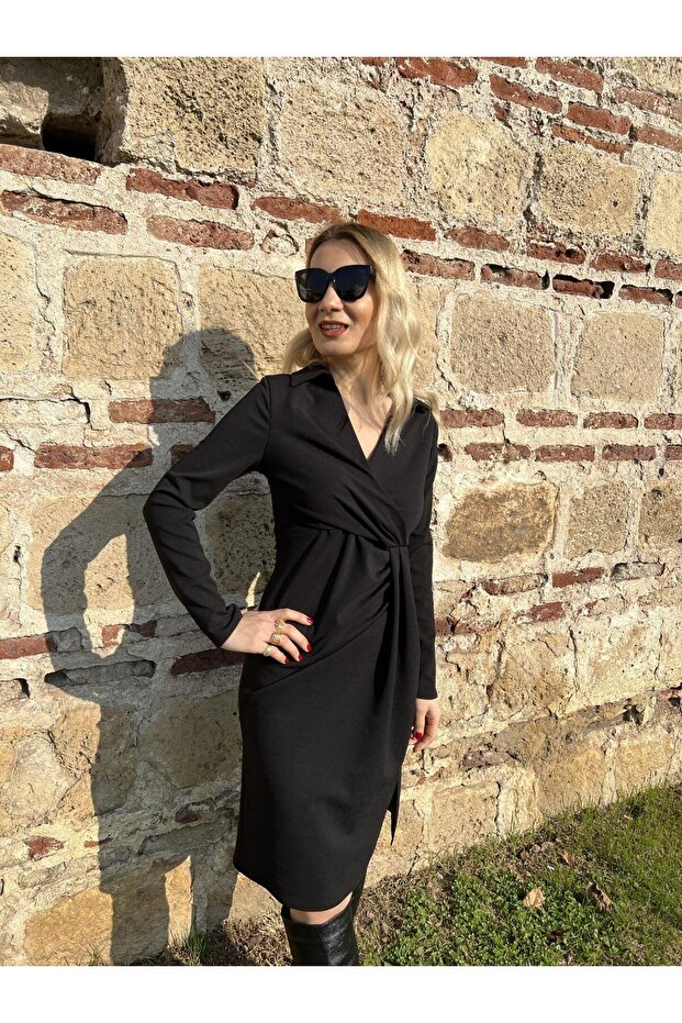 Kruvaze Yaka Yırtmaçlı Elbise - 3