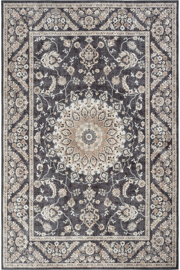 Private Black Distressed Vintage Rug with Floral Print—Authentic Woven Chenille Living Room Rug (xxx)