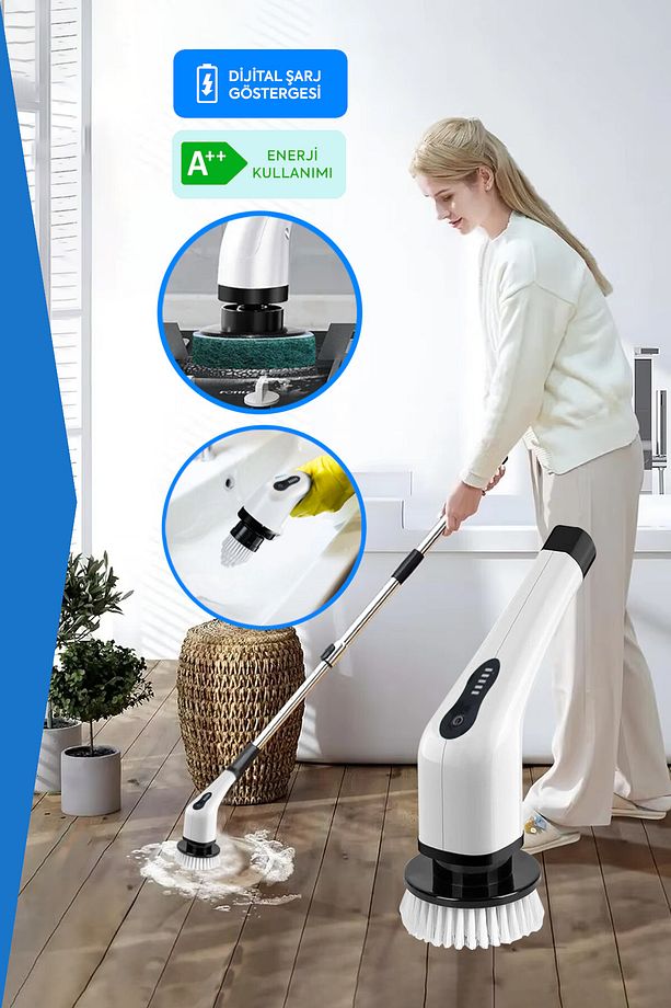 Yeni Nesil 7 Temizleme Başlıklı - Dijital Şarjlı - Banyo - Mutfak - Araç Temizlik Fırçası Seti - 1