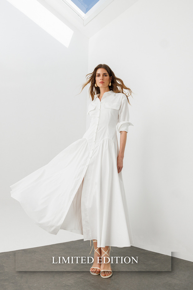 White Cotton Shirred Detailed Long Sleeve a Form Shirt Dress