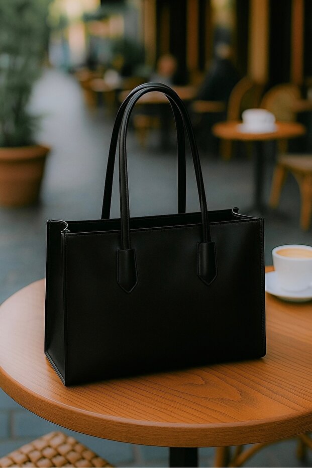 Women's Black Faux Leather Double Handle Strap Zippered Shopper Large Hand and Shoulder Bag Madrid