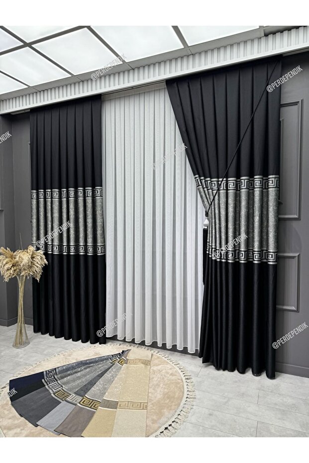 Panel Background Curtain, Amasra Elegans Series, Black Silver Gray Blackout, Blackout (Single Panel)