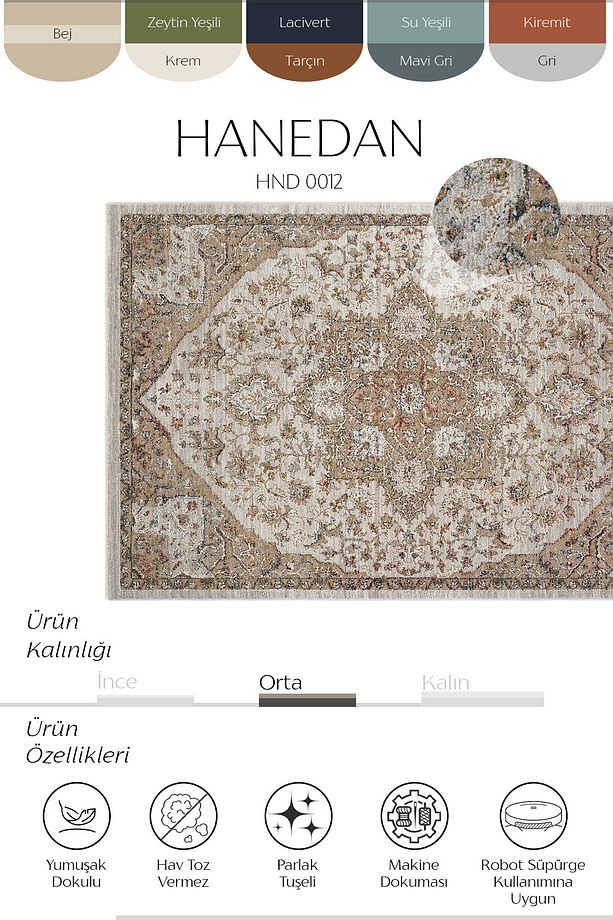 Hanedan Bej Göbekli Klasik Salon Halısı Otantik Desenli Dokuma Makine Halısı Çiçekli Ev Oda Halısı - 4