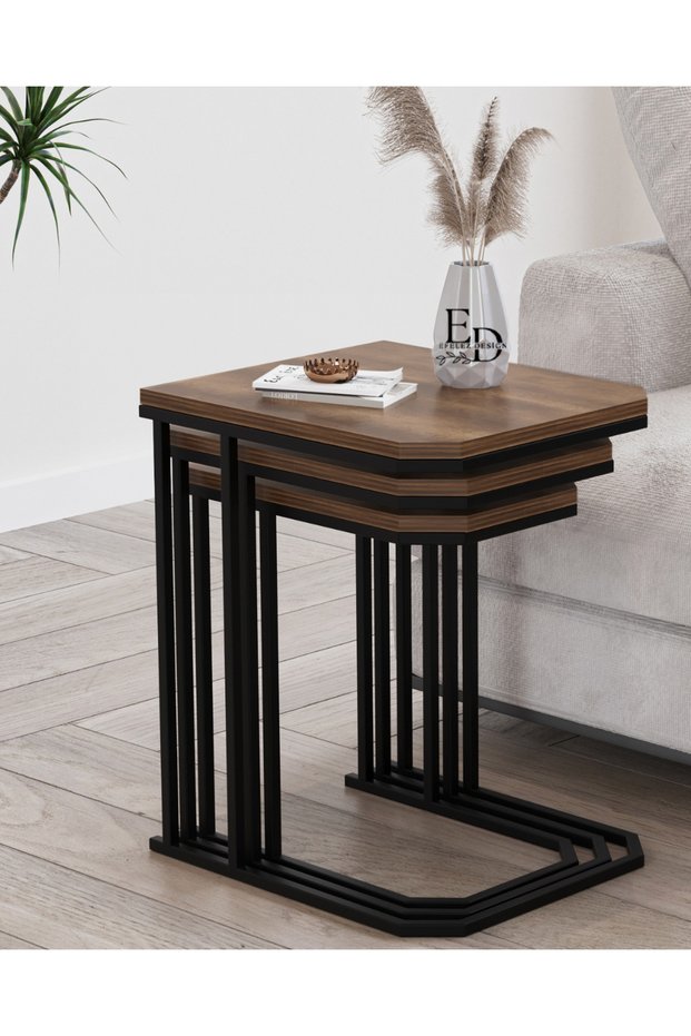 Nesting Table , Lyon 3-Piece C Nesting Table Set , Black Metal - Baroque Top