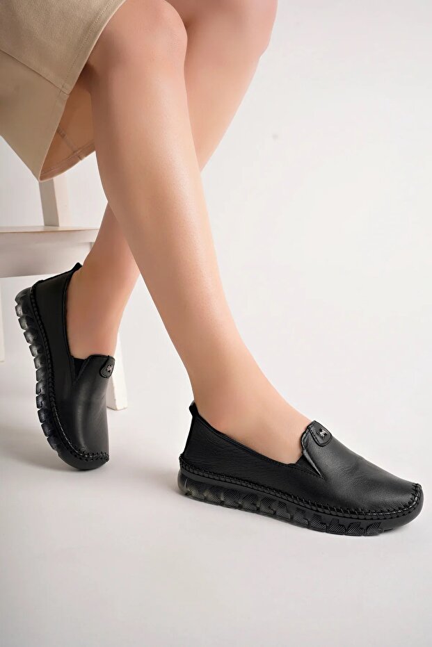 Genuine Leather Black Women's Leather Ballerinas Dp75-0700