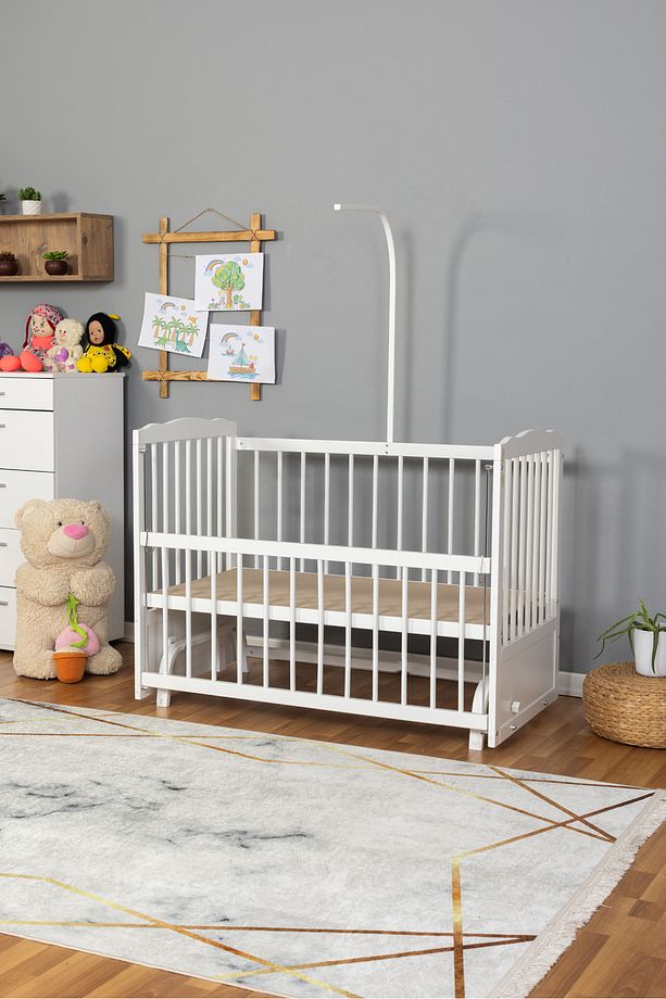 Doğal Ahşap Beşik - Anne Yanı Beşik Beyaz 60x120 - Beyaz Güpür Uyku Seti Yatak - 4