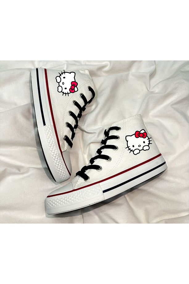 Hello Kitty Baskılı, Siyah Bağcıklı, Beyaz Bilekli Spor Ayakkabı Çocuk Sneaker - 1