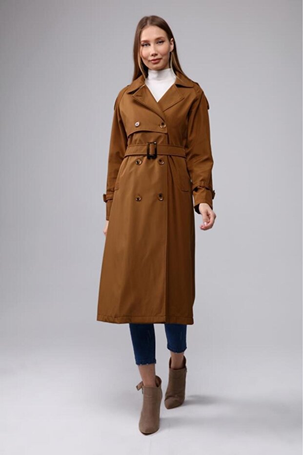 Raglan Sleeve Seasonal Lined Long Trench Coat, Cap
