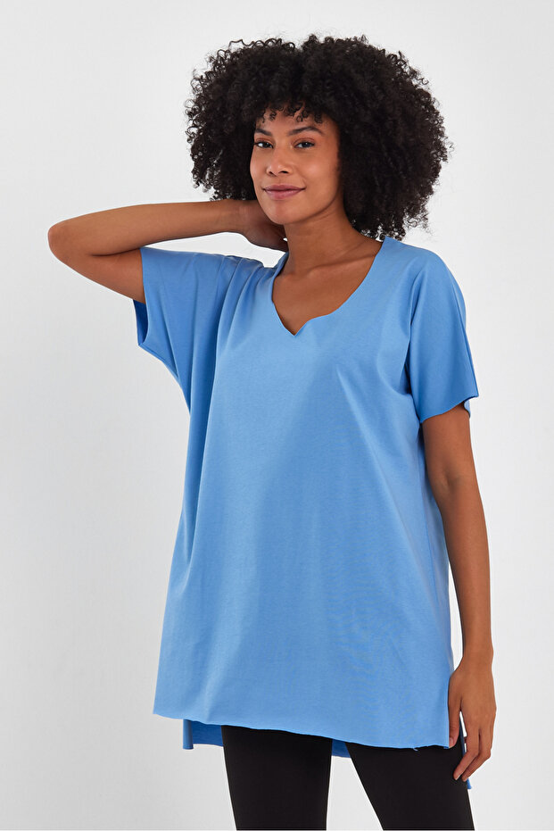 Kadın V Yaka Yırtmaçlı Oversize Basic Tişört - 5
