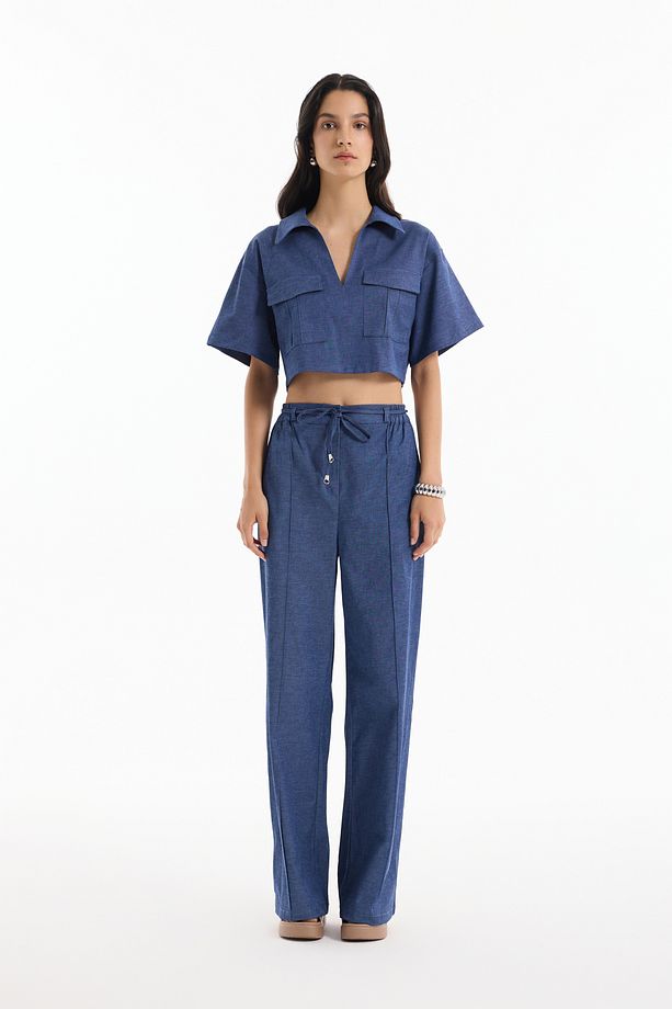 Cep Detaylı Kot Görünümlü Crop Bluz İndigo - 3