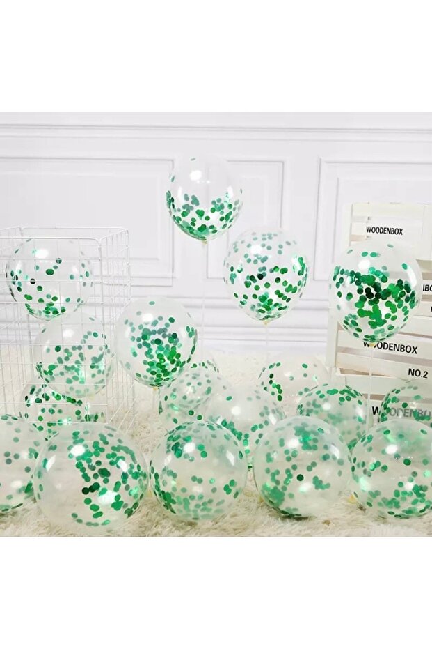 Transparent Balloon Set with Green Confetti - 10 Pieces