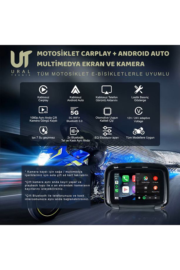 Motosiklet Kablosuz Carplay Android Auto 5''dokunmatik Ekran 2 Kamera Lastik Sensörü Multimedya - 1