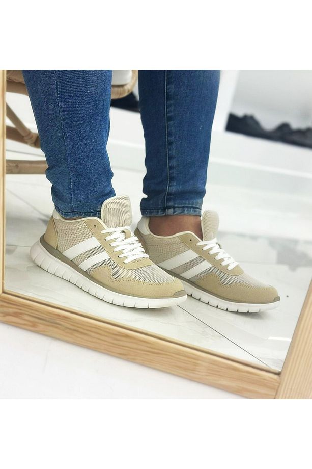 Çift Bantlı Bağcıklı Yürüyüş Erkek Spor Ayakkabı Hava Alan File Tasarım Hafif Esnek Bej Sneaker - 4