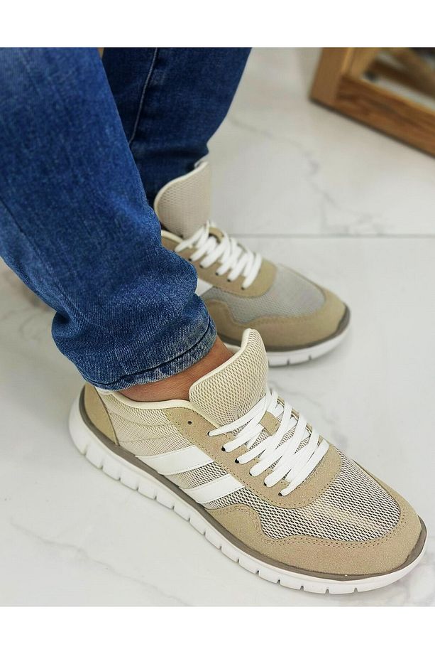 Çift Bantlı Bağcıklı Yürüyüş Erkek Spor Ayakkabı Hava Alan File Tasarım Hafif Esnek Bej Sneaker - 3
