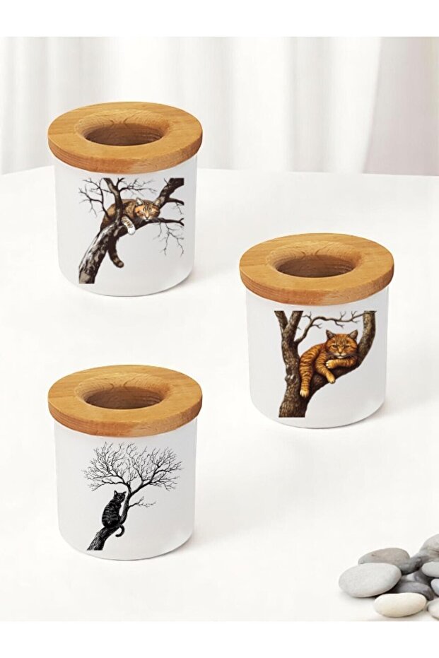 Cat on the Tree Printed 3-Piece Ceramic Desktop Pen Holder Pencil Case
