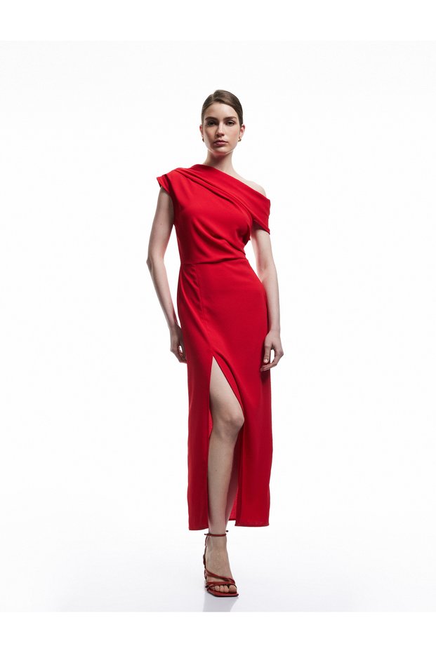 Crepe Fabric Sleeveless Draped Slit Asymmetrical Neck One Shoulder Dress