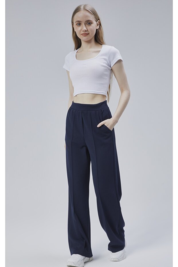 High Waist Oversize Wide Leg Women's Trousers with Pockets - Navy Blue L