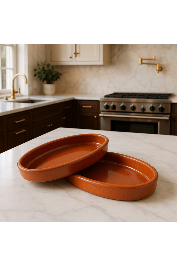 Toprak 2 Li Oval Kayık Tabak 23 cm - Fırın yemekleri (güveç, kebap, kuru fasulye vb.) Meze Sunumu - 1