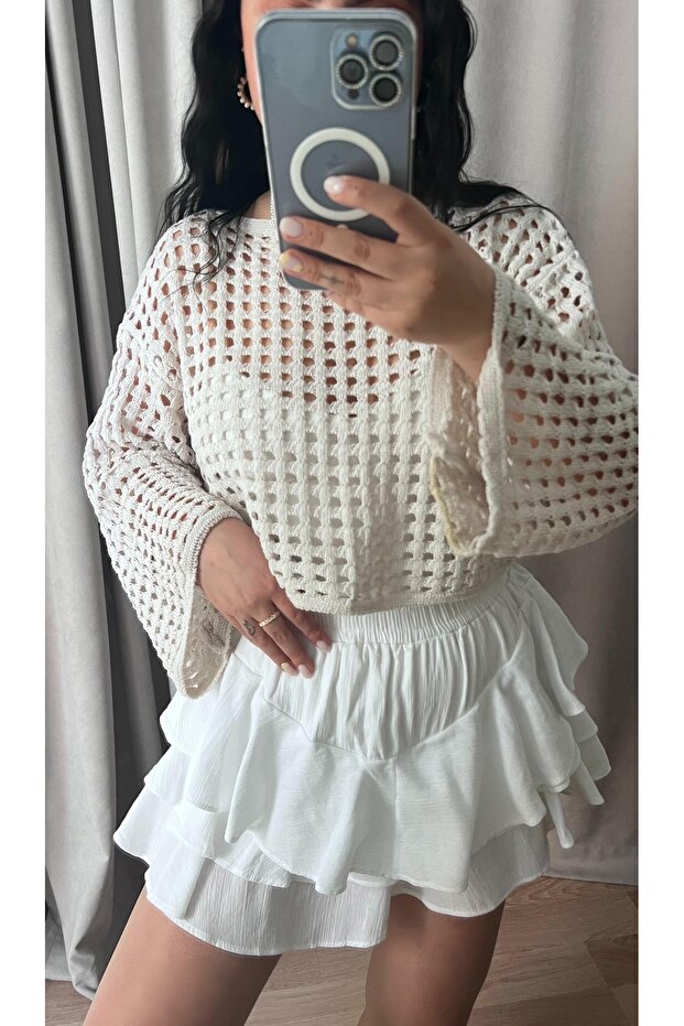 BEYAZ KATLI ŞORT ETEK - 1