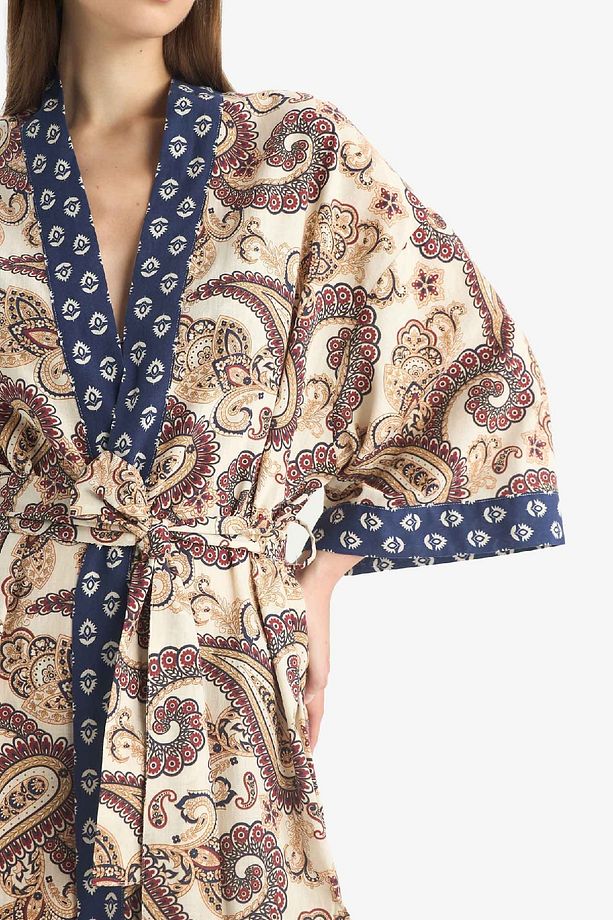 Regular Fit Kuşaklı Etnik Desenli Pamuklu Kimono-Fall in Love D0456AX25SP - 7