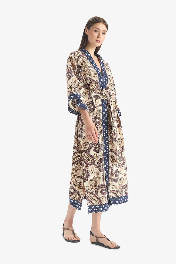 Regular Fit Kuşaklı Etnik Desenli Pamuklu Kimono-Fall in Love D0456AX25SP - 5