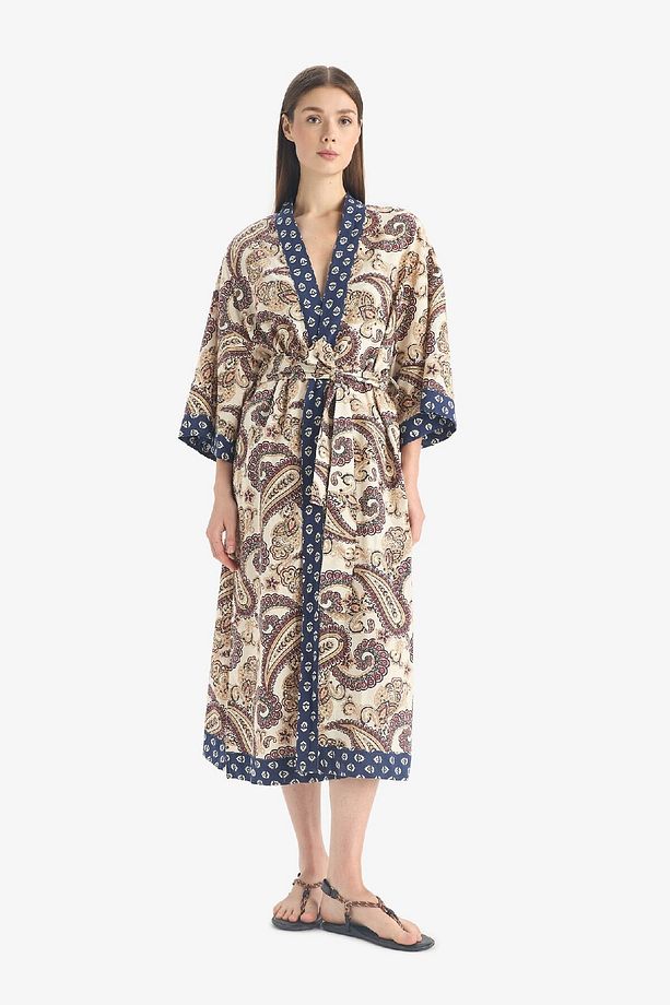 Regular Fit Kuşaklı Etnik Desenli Pamuklu Kimono-Fall in Love D0456AX25SP - 3