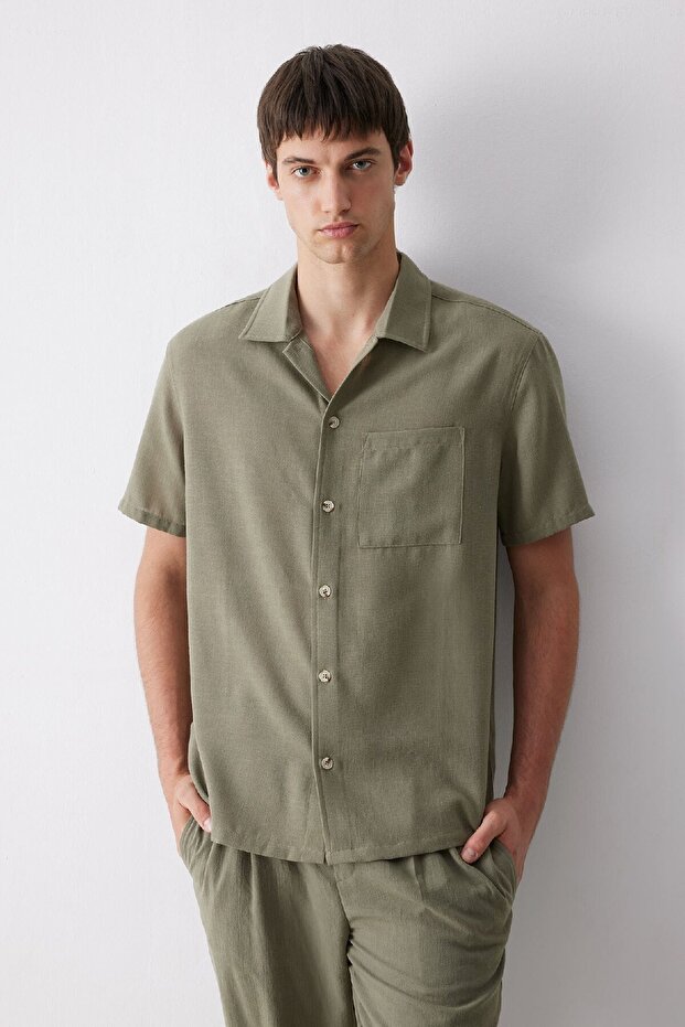 Relax Fit Polo Collar Linen Look Summer Short Sleeve Shirt E1230Ax25Sm