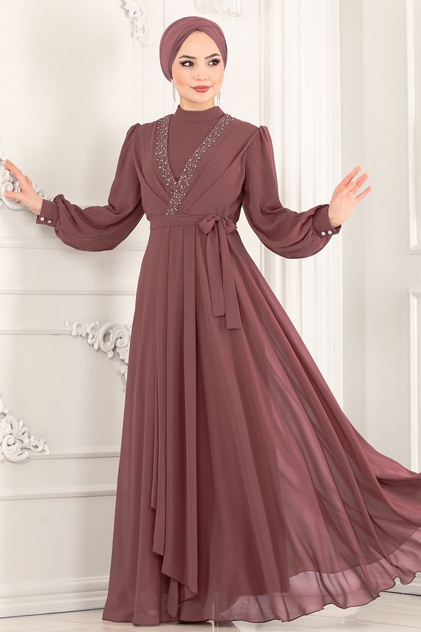 Taş İşlemeli Şifon Abiye 5408AB368 Pudra Vizyon - 2
