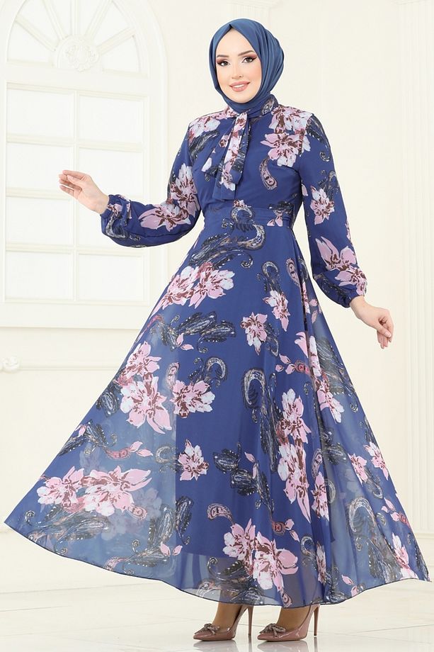 Fular Yakalı Şifon Elbise 5188AL357 İndigo - 2