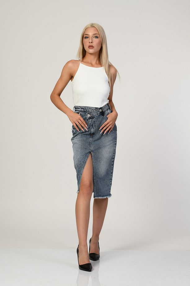 Whatsup Yüksek Bel Yırtmaçlı Denim Etek - Denim - 6