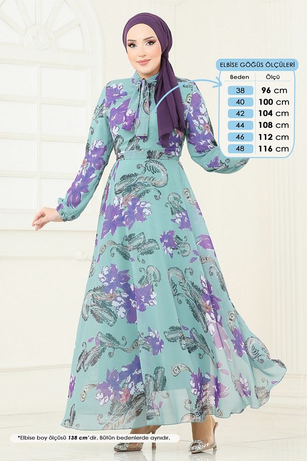 Fular Yakalı Şifon Elbise 5188AL357 Mint - 1