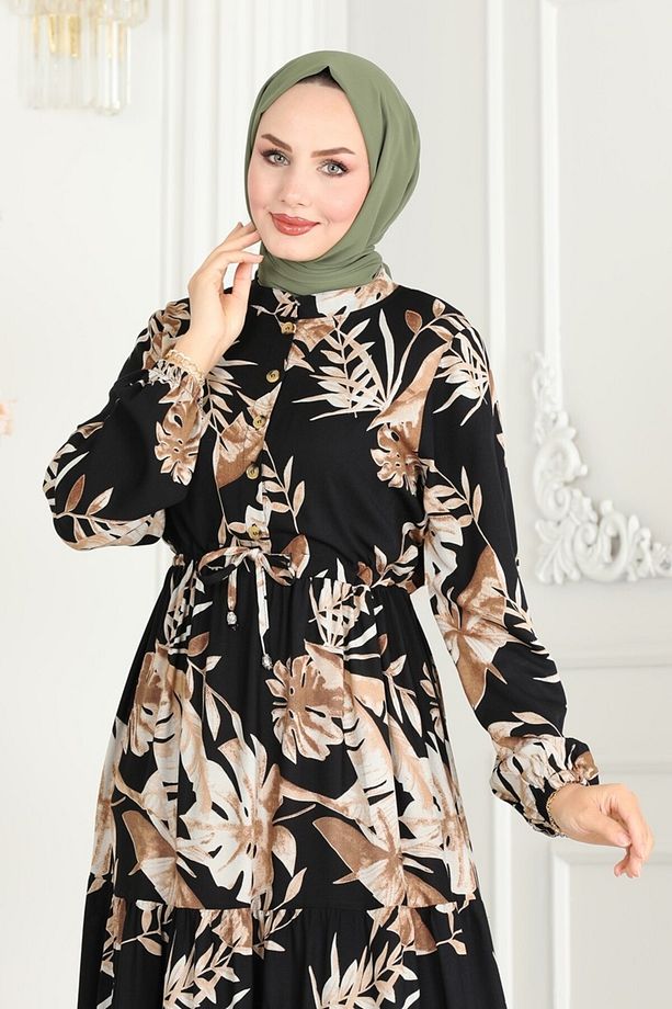 Beli Tünelli Viskon Elbise 7119BG354 Siyah - 3