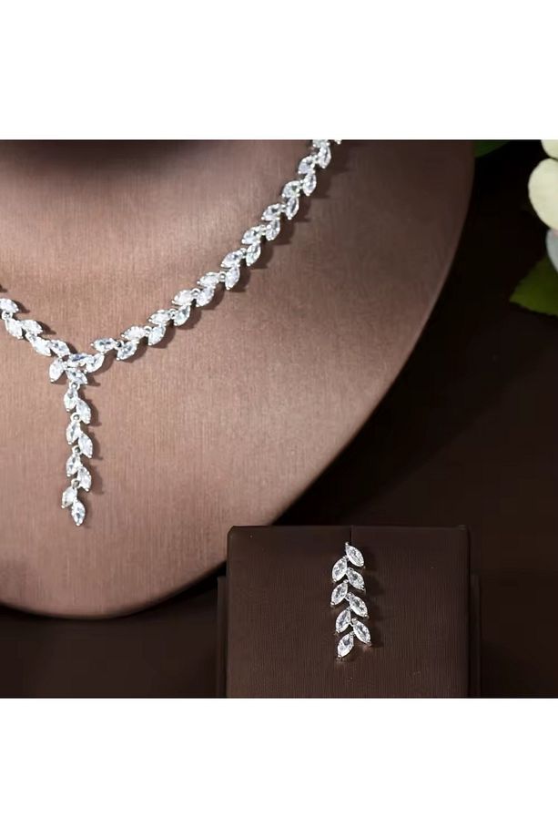 Anemone Zirkon Taşlı Takı Seti Kolye Küpe Set Düğün Nişan Seti - 4