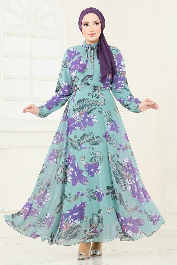 Fular Yakalı Şifon Elbise 5188AL357 Mint - 2