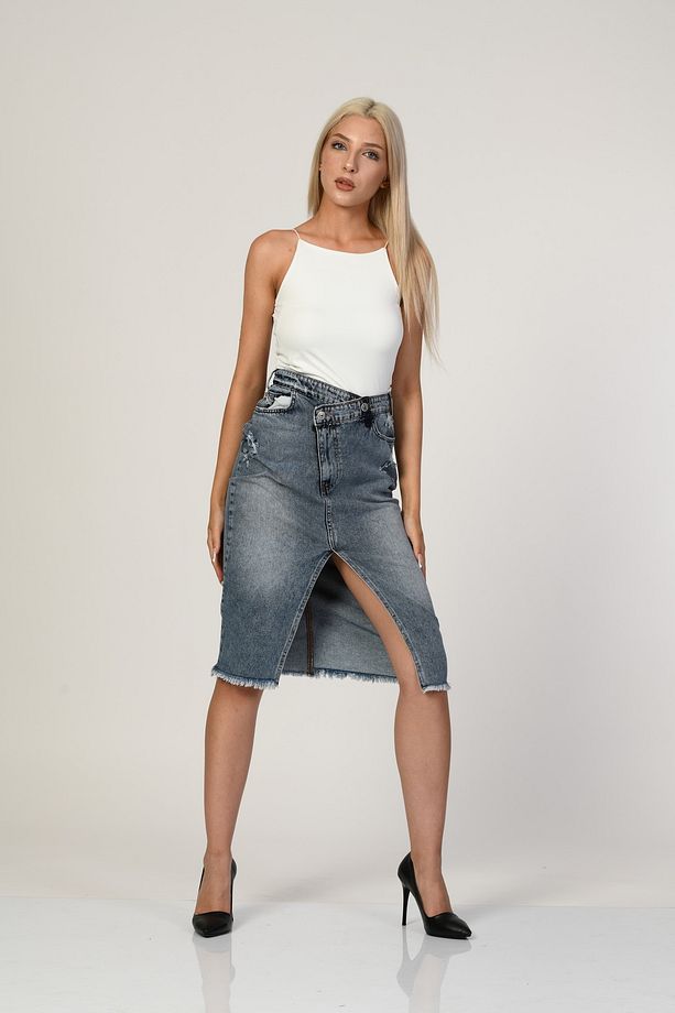 Whatsup Yüksek Bel Yırtmaçlı Denim Etek - Denim - 3