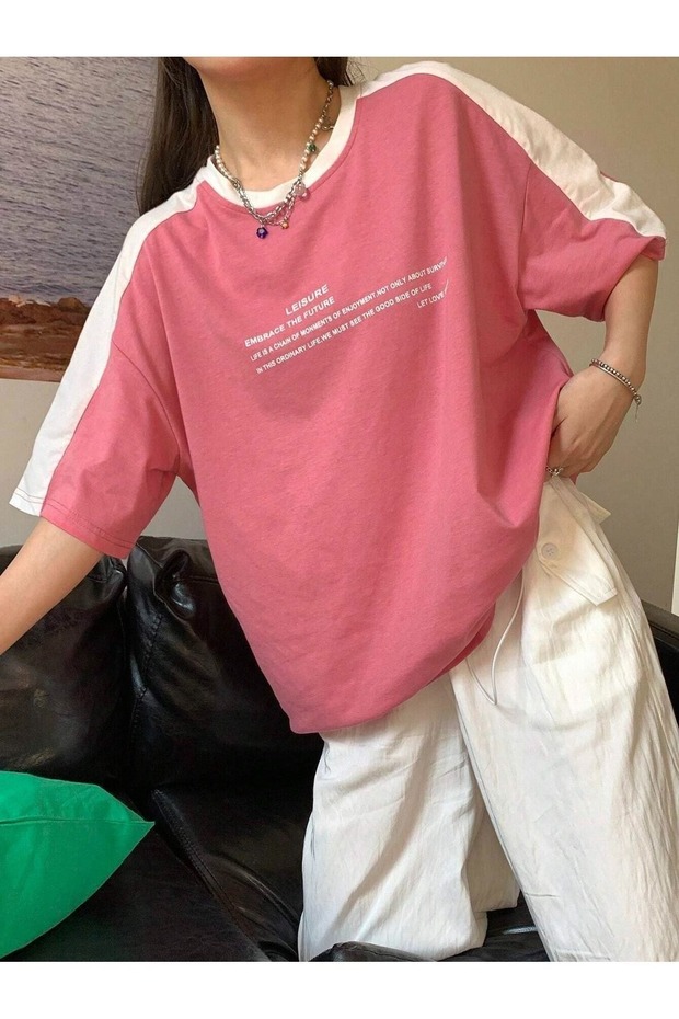 Leisure Future Segmented Single Jersey T-Shirt - Pink White Oversize Crew Neck Short Sleeve T-Shirt