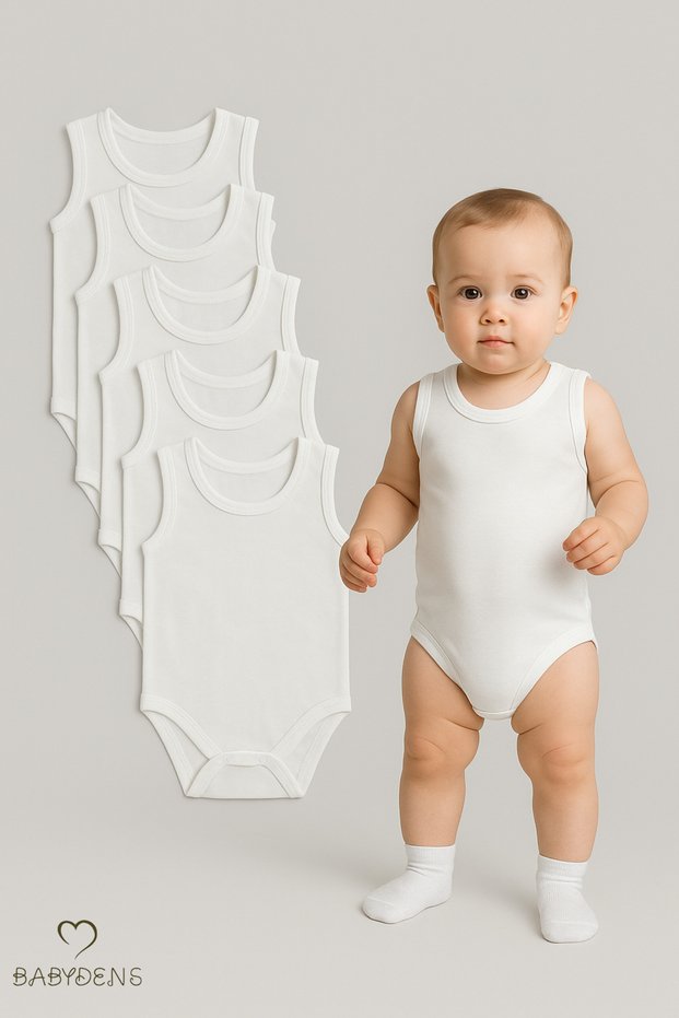 Set of 5 Baby Sleeveless Bodysuits 100% Cotton |   White Snapback Undershirt Body 0-24 Months |   Unisex Underwear