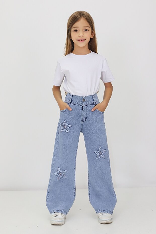 Girls' Non-Lycra Star Patterned Elastic Waist 100% Cotton Wide-Leg Star Denim Jeans