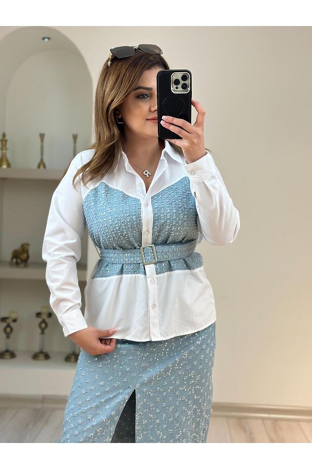 Pullu Kot Detaylı Gömlek MAVİ - 2