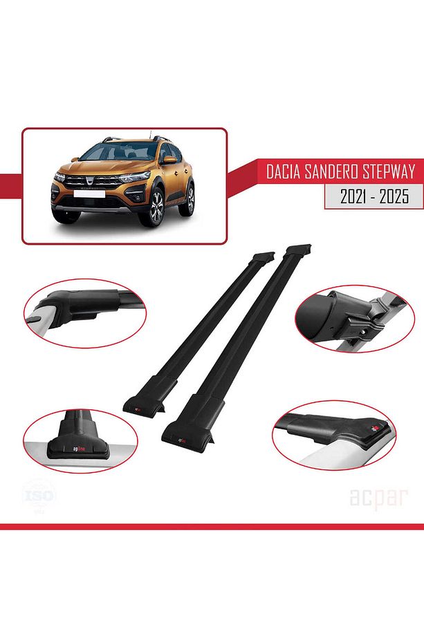 Dacia Sandero Stepway 3 2021 ve Sonrası ile Uyumlu FLY Model Ara Atkı Tavan Barı Siyah 2 Adet - 3
