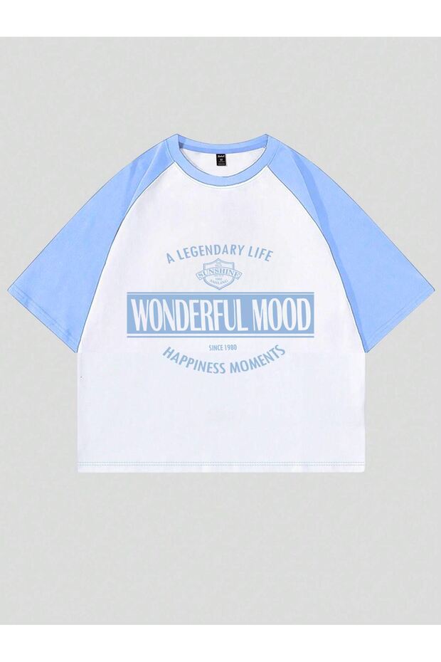 Wonderful Mood Single Jersey Crop T-Shirt - White Baby Blue Printed Oversize Crew Neck T-Shirt