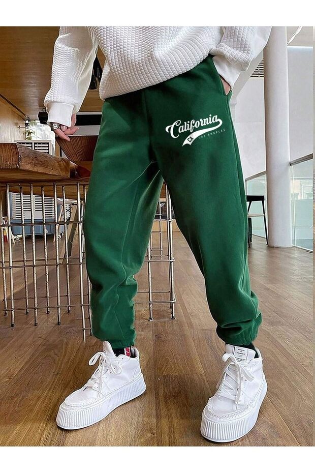 California Ca Sweatpants Jogger - Green Printed Rubber Leg High Waist