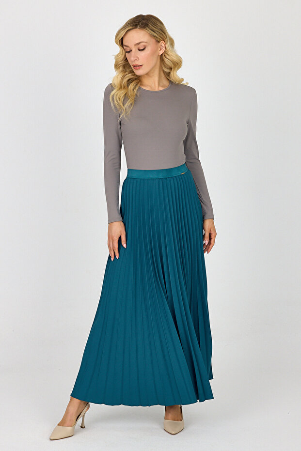 Petrol Blue Maxi Size Elastic Waist Pleated Skirt