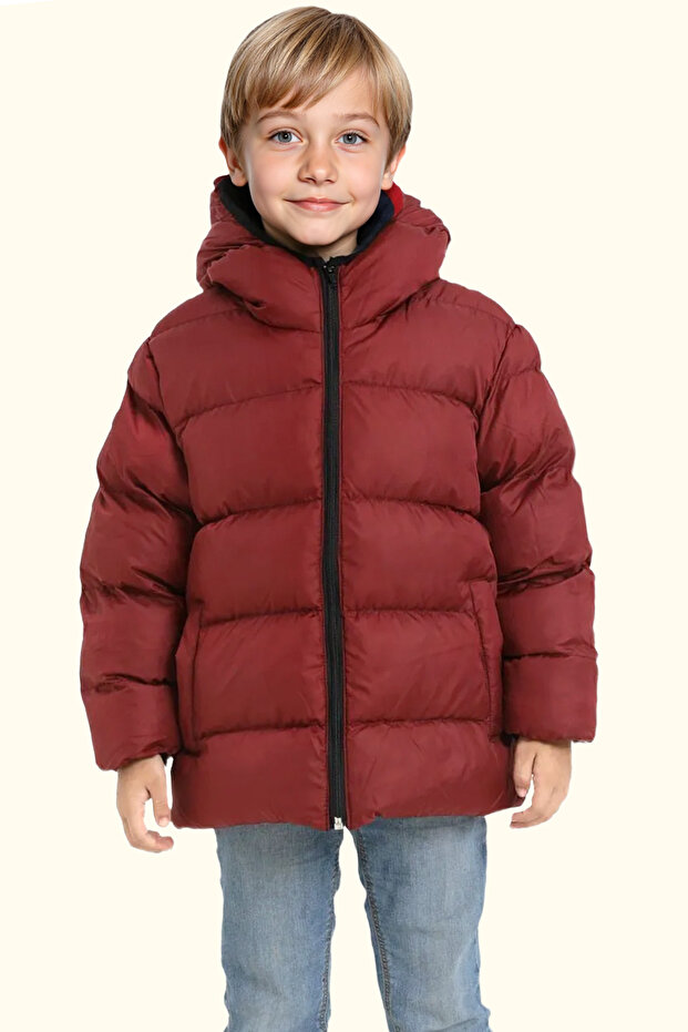 Boy's Burgundy Fleece Hooded Waterproof Wind Resistant Pocket Puffer Winter Coat