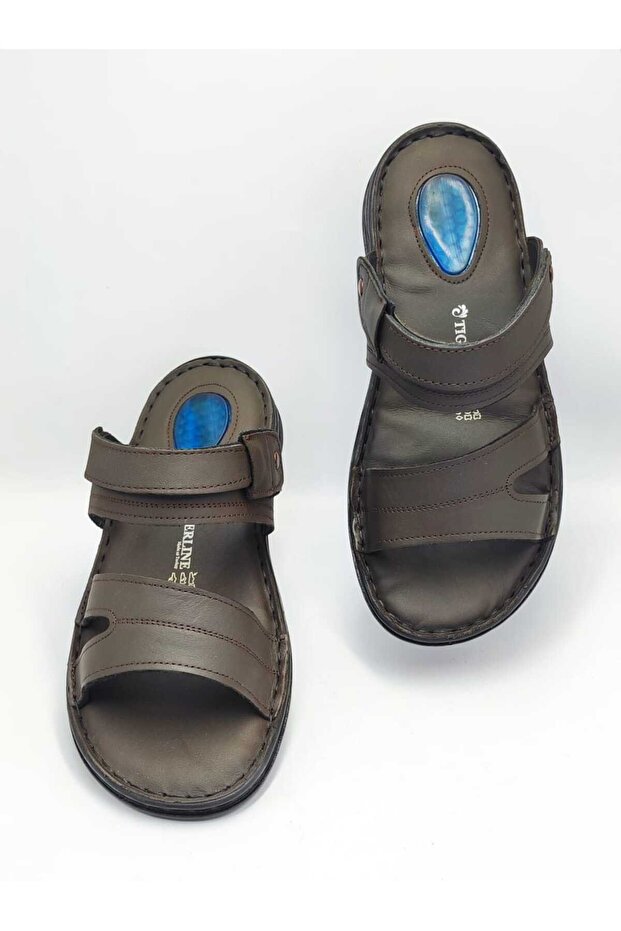Men's Sandals Slippers Ms670015 Brown Inside and Outside Genuine Leather Men's Ultra Comfortable Sandals - Slippers