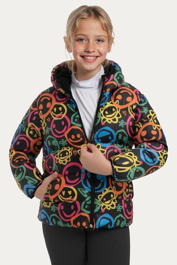 Girl's Smiling Emoji Fleece Lined Fur Water and Wind Resistant Winter Puffer Coat with Hood and Pockets