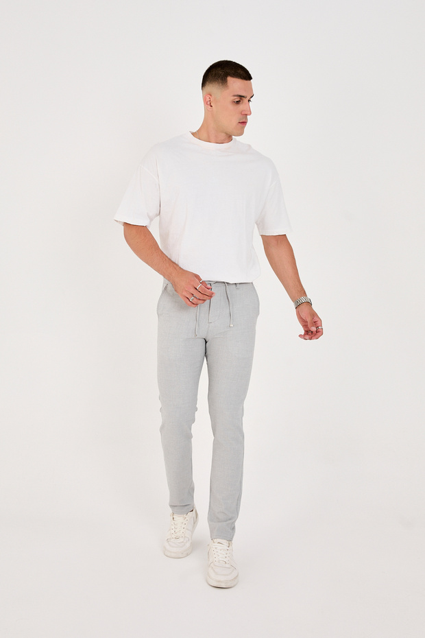 Men's Summer Seersucker Fabric Lycra Jogger Pants Half Elastic Waist Slim Fit Light Gray