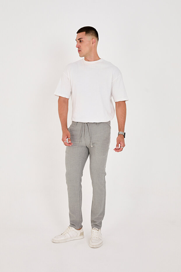 Men's Seersucker Lycra Jogger Slimfit Waist Half Elastic Gray Fabric Trousers