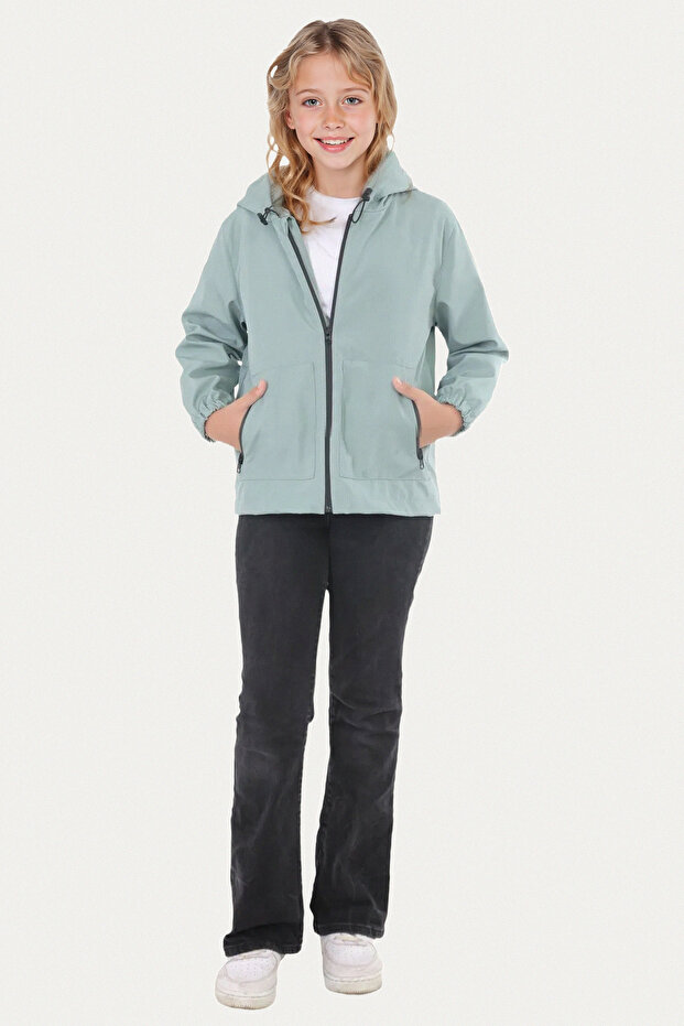 Girl's Mint Green Lined Waterproof and Windproof Hooded Double Zippered Pocket Raincoat