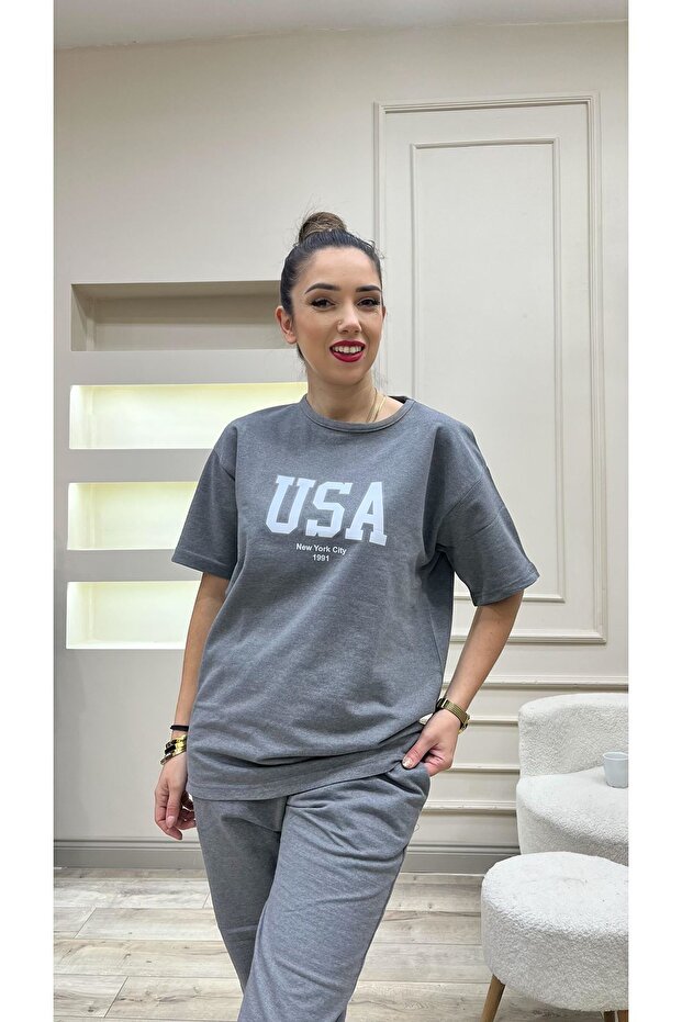 Usa T-Shirt Sweatpants Jogger - White Printed Smoked Sweatpants Suit Oversize Crew Neck